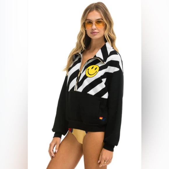 Aviator Nation-Caution Smiley 2 Embroidery Fleece Half Zip-Laid-back-Casual-XS - Picture 1 of 12